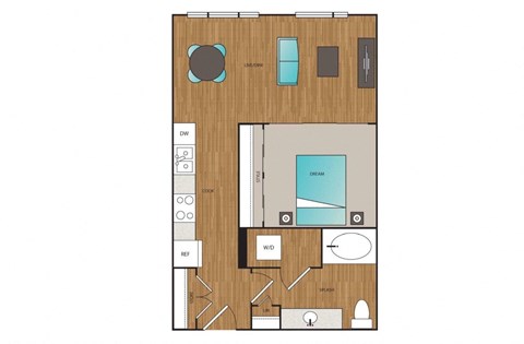 Floor plan for 1 bed, 1 bath, 655 sqft